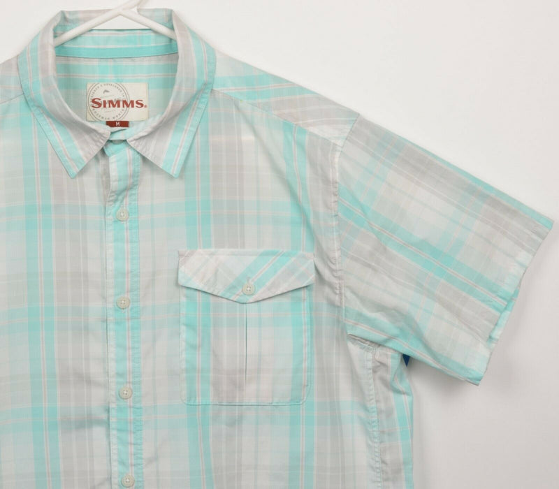 Simms Fishing Men's Medium Blue Gray Plaid Cotton Polyester Button-Front Shirt