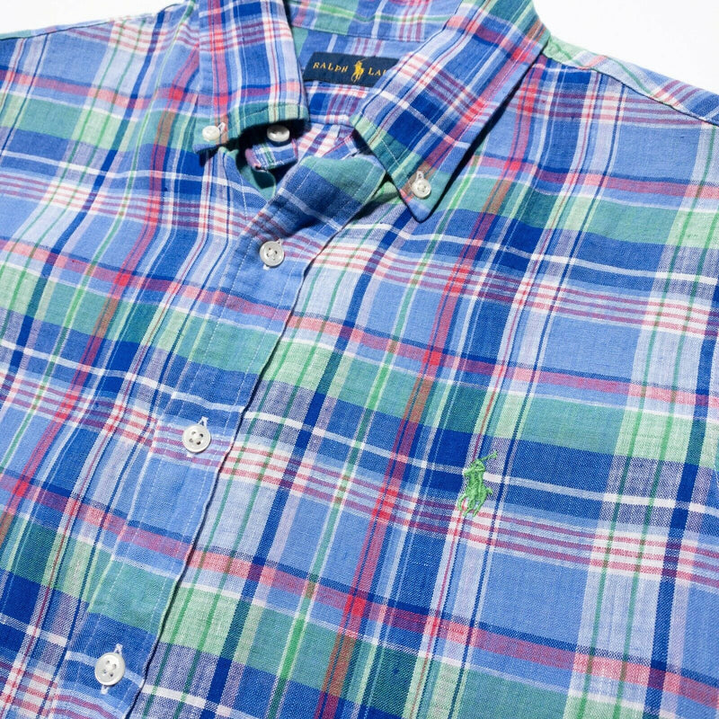 Polo Ralph Lauren Linen Shirt Medium Men's Colorful Plaid Blue Red Short Sleeve