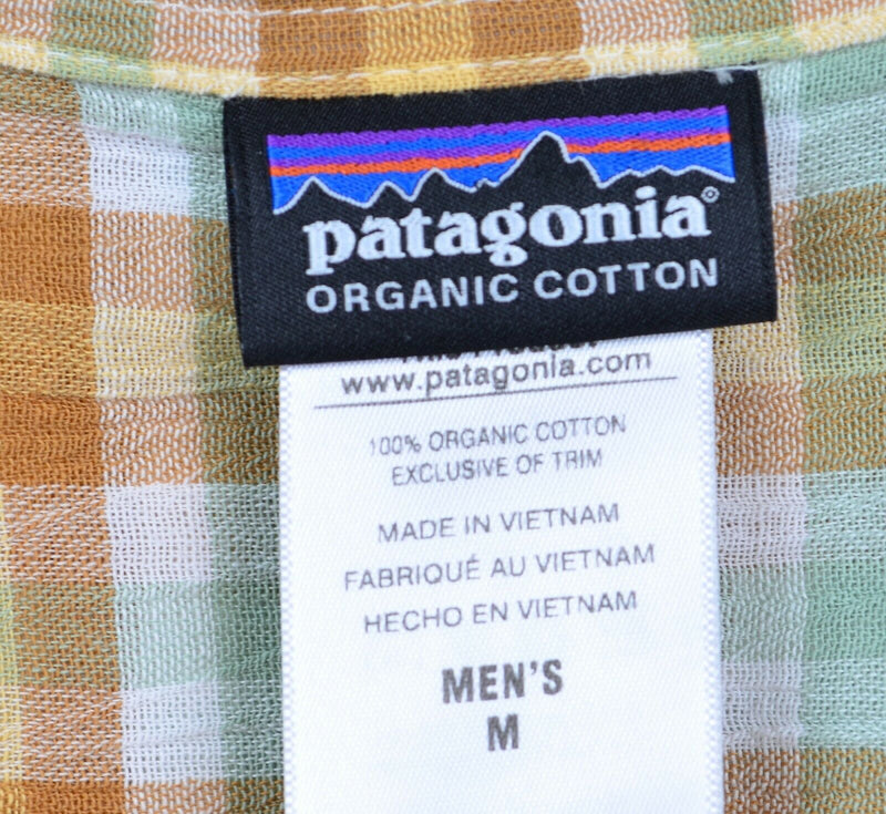Patagonia Men's Sz Medium Seersucker Organic Cotton Gold Green Plaid Check Shirt
