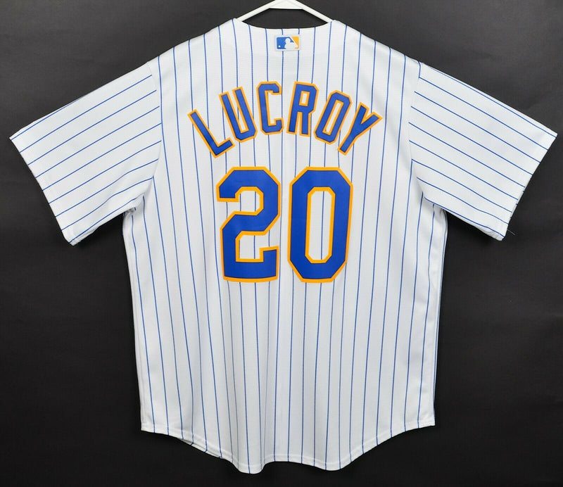 Majestic Brewers Men's Large Lucroy White Pinstripe Majestic Coolbase MLB Jersey