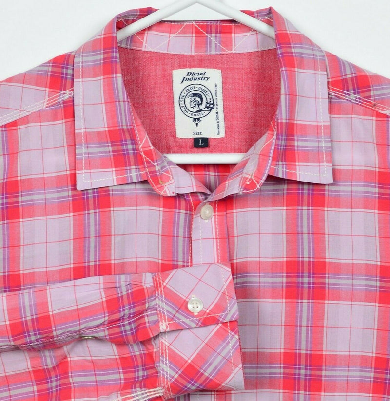 Diesel Men's Large Pink Red Plaid Casual Long Sleeve Button-Front Shirt