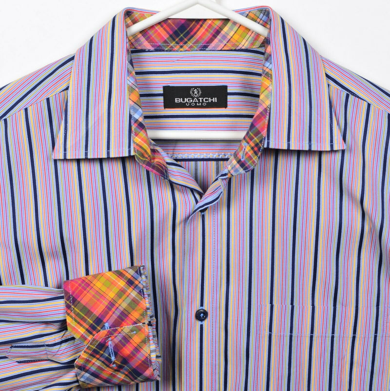 Bugatchi Uomo Men's XL Flip Cuff Pink Multicolor Striped Button-Front Shirt
