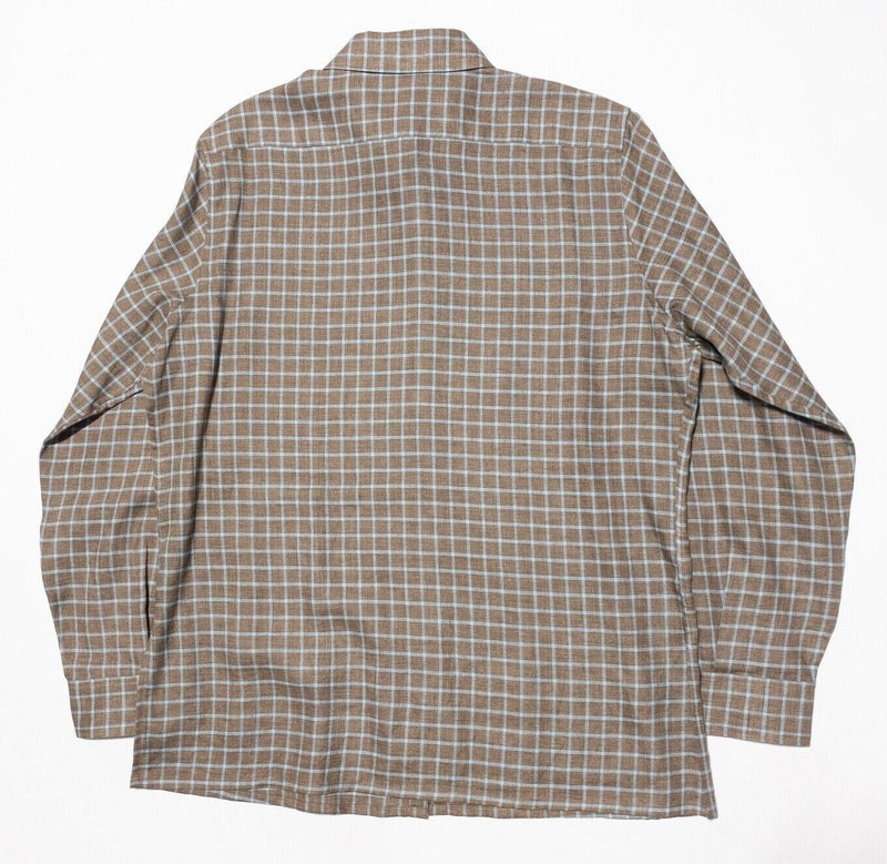 Faconnable Linen Women's Shirt Large Brown Check Vintage 80s Long Sleeve