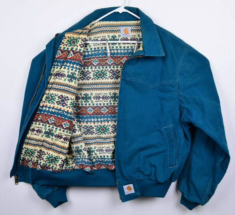 Vintage 90s Carhartt Men's Large/XL? Aztec Navajo Lined Teal Zip Bomber Jacket