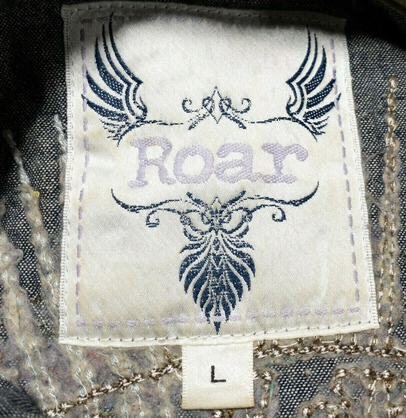 Roar Embroidered Wings Button-Front Shirt Rockabilly Pearl Snap Women's Large