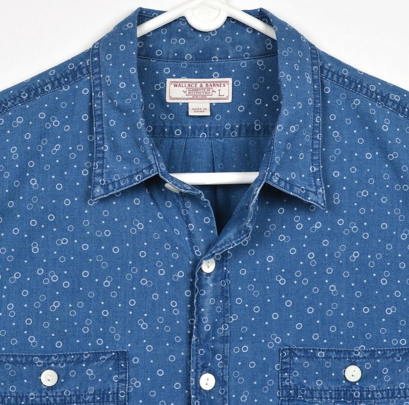 Wallace & Barnes Men's Sz Large Blue Indigo Polka Dot Short Sleeve J. Crew Shirt