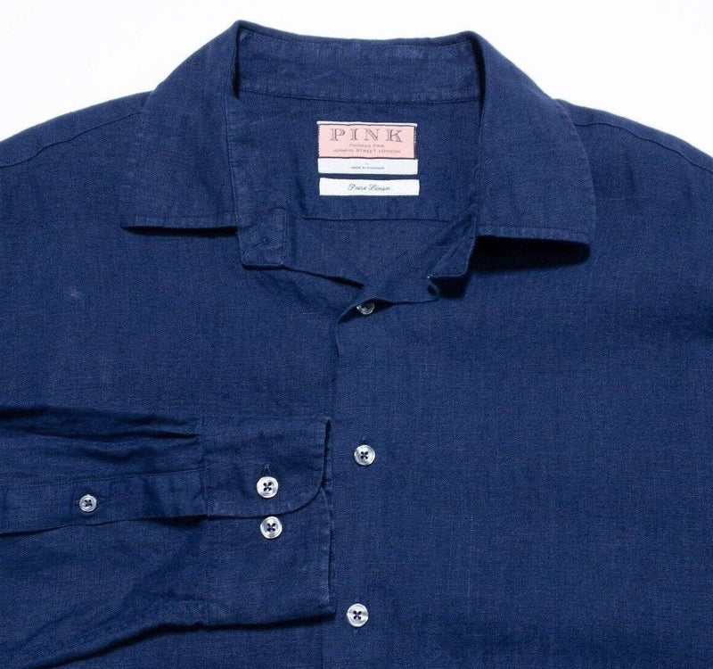 Thomas Pink Linen Shirt Large Men's Solid Navy Blue Long Sleeve Casual