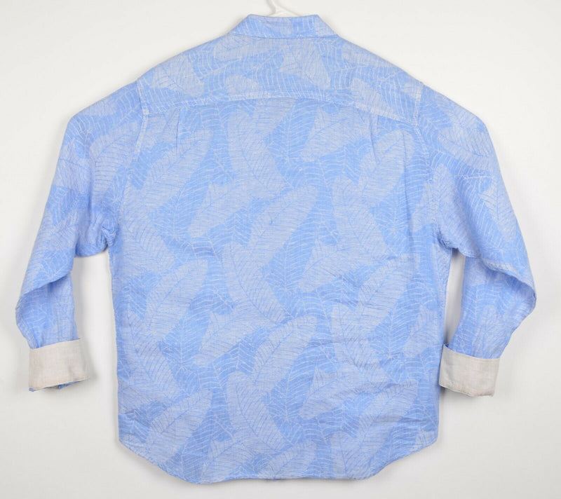 Tommy Bahama Men's Large 100% Linen Flip Cuff Blue Floral Palm Leaves Shirt