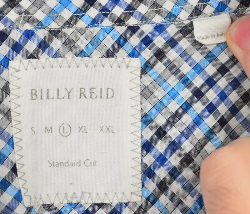 Billy Reid Men's Large Standard Cut Blue Gray Check Spread Collar Italian Shirt