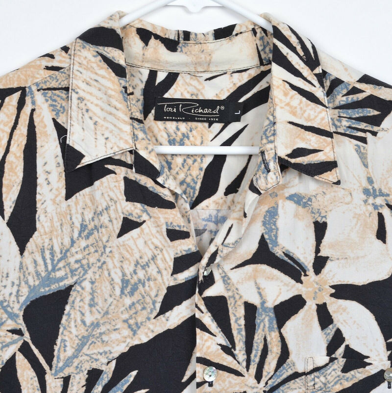 Tori Richard Men's Sz Large 100% Viscose Rayon Black Tan Floral Hawaiian Shirt