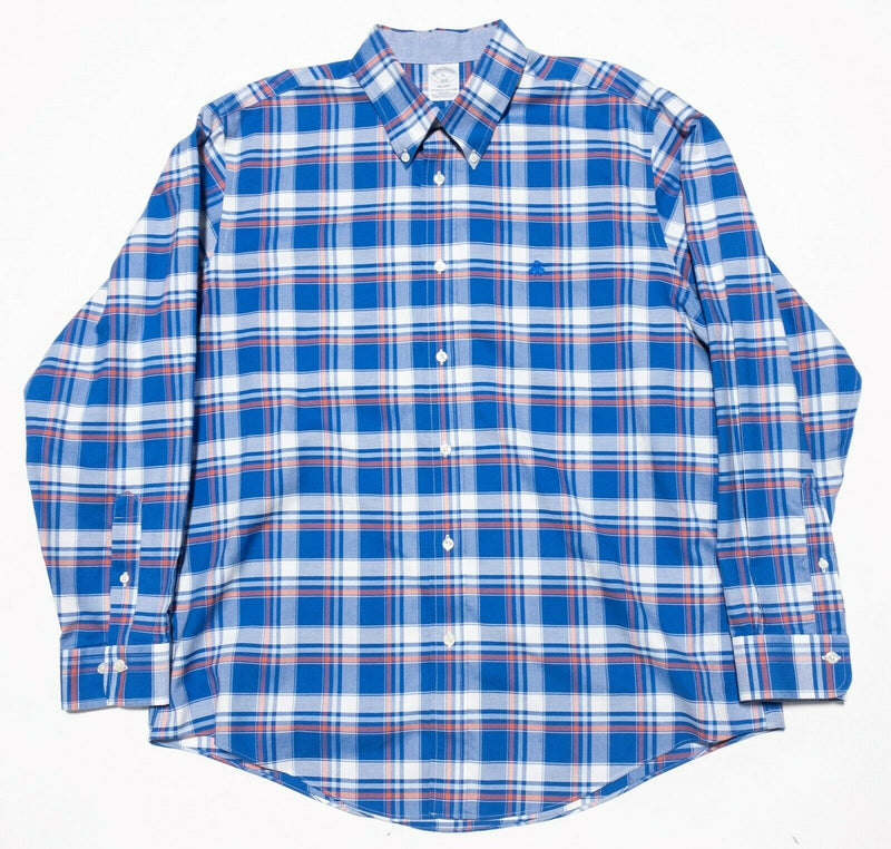 Brooks Brothers Men's Shirt XL Button-Down Blue Plaid Sheep Logo Long Sleeve