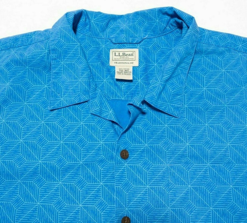 L.L. Bean Hawaiian Shirt 2XL Men's Tropics Prints Blue Geometric Short Sleeve