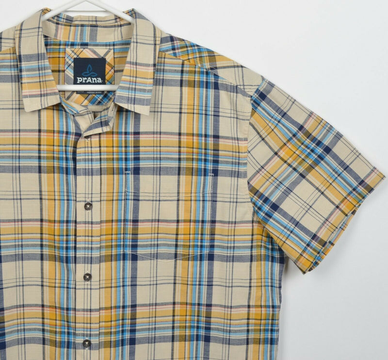 Prana Men's Large Yellow Blue Plaid Organic Cotton Poly Blend Button-Front Shirt