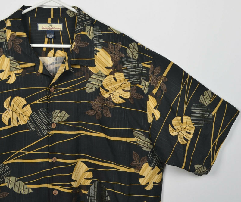 Tommy Bahama Men's XL 100% Silk Floral Black Yellow Hawaiian Aloha Camp Shirt