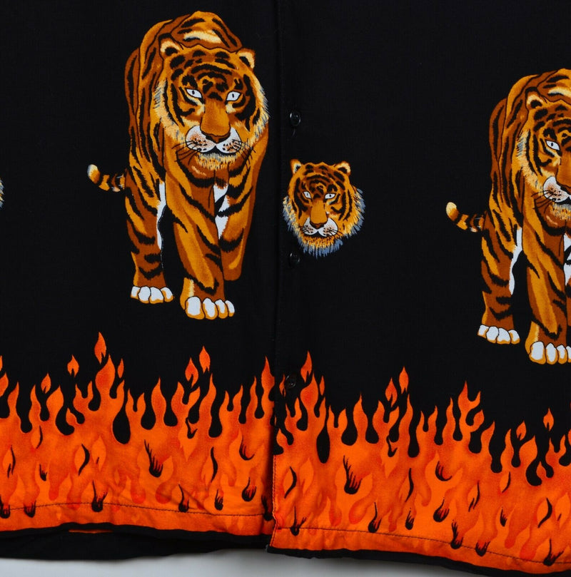 Vtg 90s J/E/T STRTWR Men's Sz XL 100% Rayon Tiger Flames Graphic Camp Shirt
