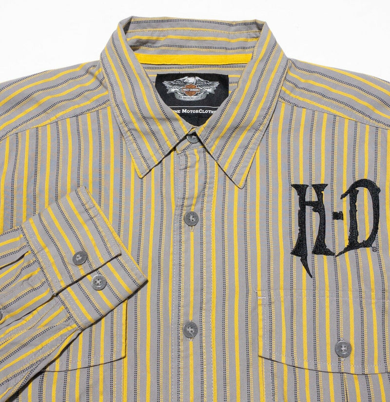 Harley-Davidson Shirt Men's Large Mechanic Yellow Gray Striped Biker Garage