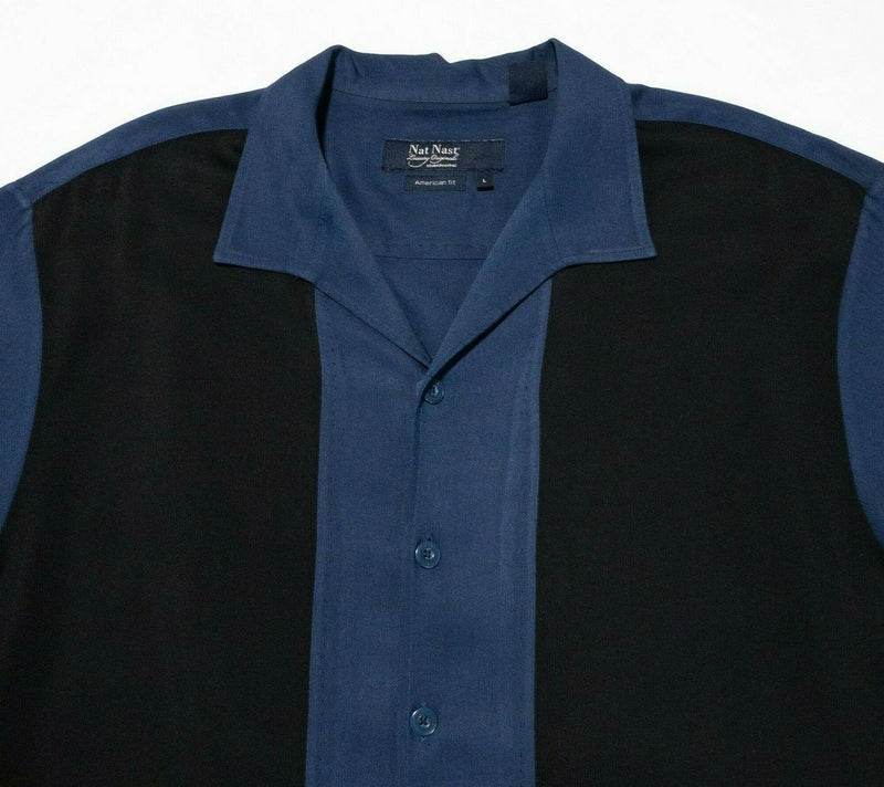 Nat Nast Silk Shirt Large American Fit Bowling Panel Retro Black Blue Striped