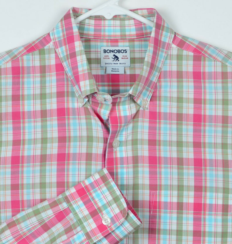 Bonobos Men's Sz Medium Pink Green Blue Plaid Long Sleeve Button-Down Shirt