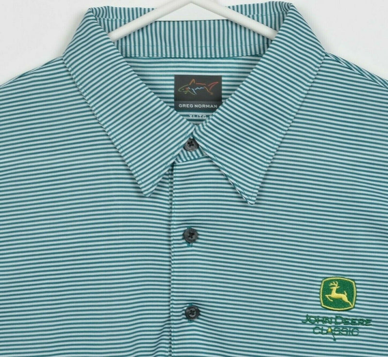 John Deere Classic Men's XL Green Striped Greg Norman Wicking Golf Polo Shirt