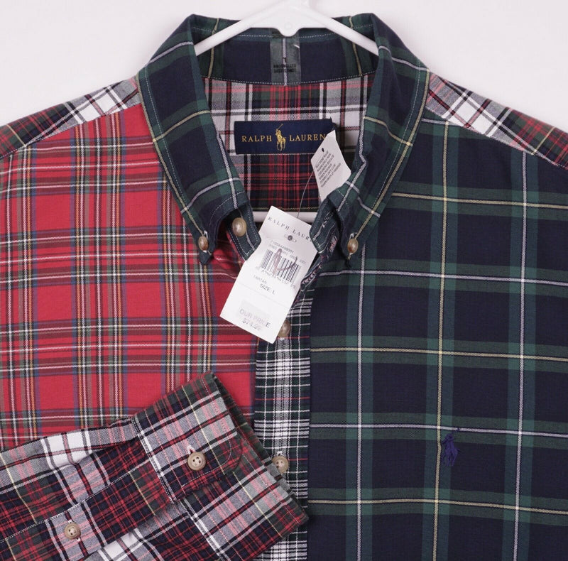 Polo Ralph Lauren Men's Large Tartan Plaid Red Navy Colorblock Button-Down Shirt