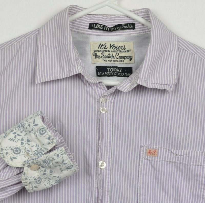 Scotch & Soda Men Large Flip Cuff Embroidered Sewing Purple Button-Front Shirt