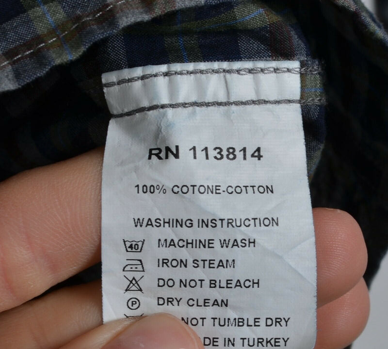 Billy Reid Men's Medium Standard Cut Brown Navy Plaid Check Cutaway Collar Shirt