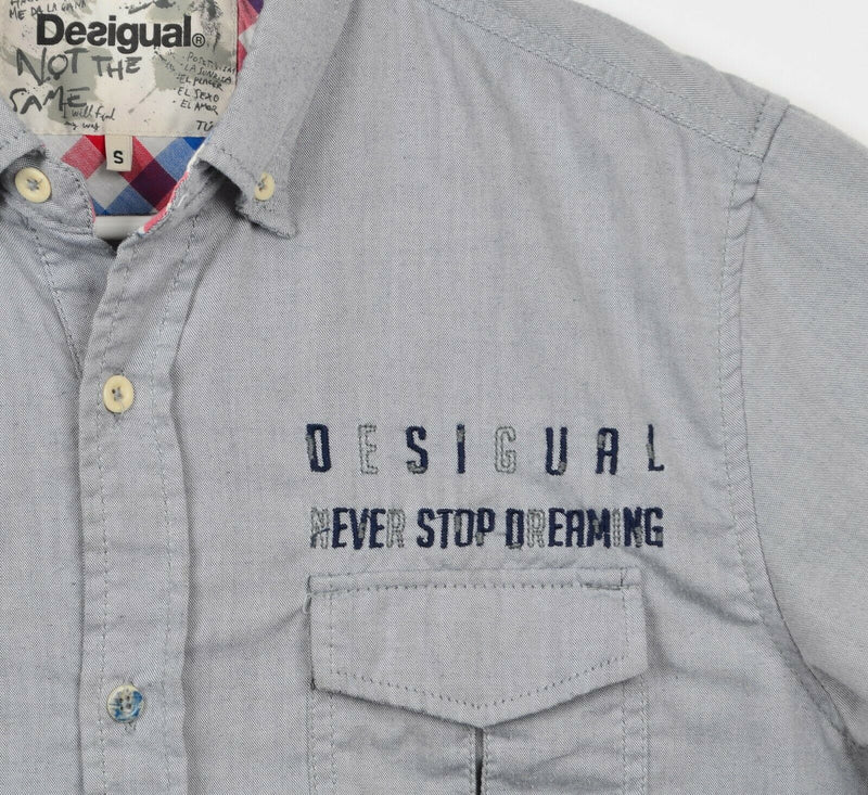 Desigual Men's Sz Small Regular Car Embroidered Gray Long Sleeve Shirt