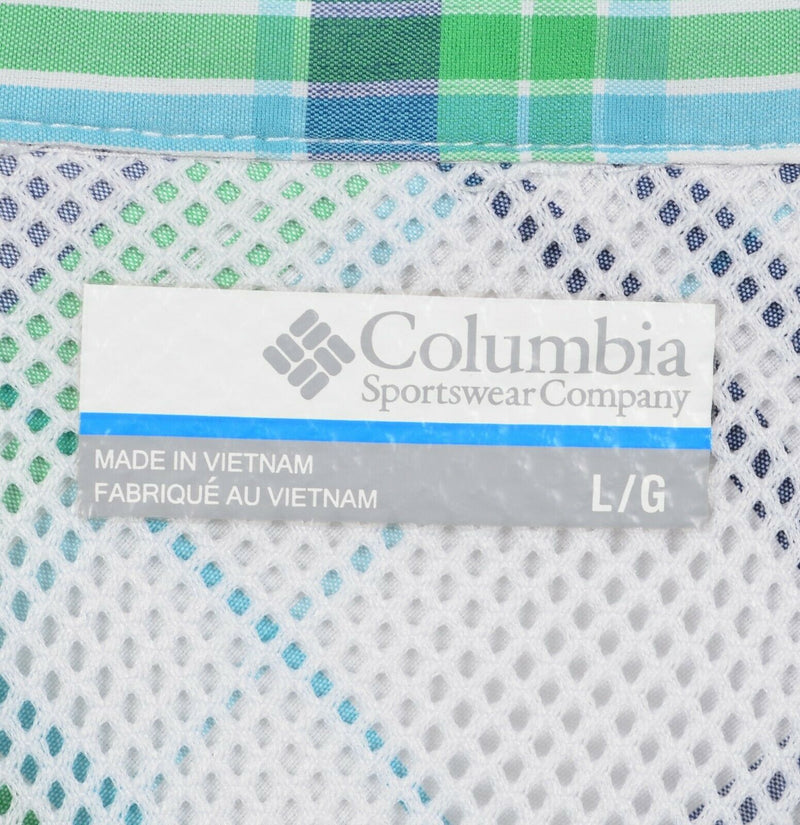 Columbia PFG Men's Large Pearl Snap Fishing Vented Green Navy Blue Plaid Shirt