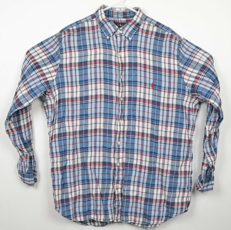 Polo Ralph Lauren Men's LT (Large Tall) 100% Linen Blue Red Plaid Button Shirt