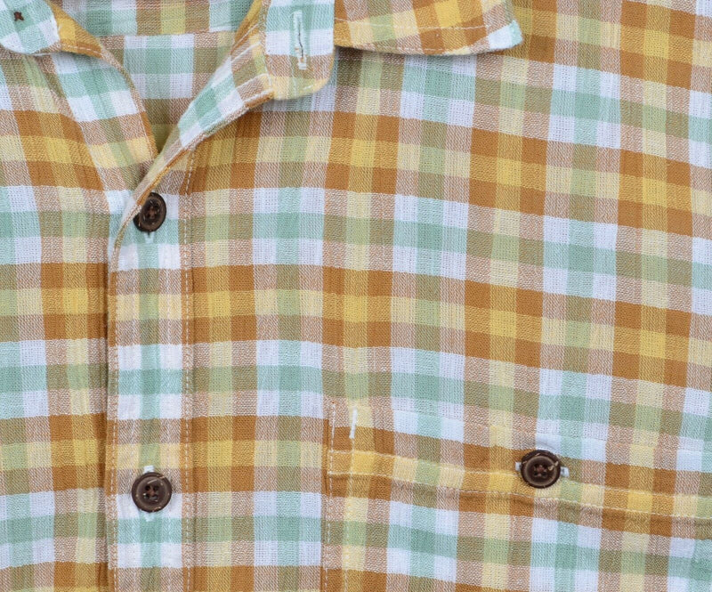 Patagonia Men's Sz Medium Seersucker Organic Cotton Gold Green Plaid Check Shirt