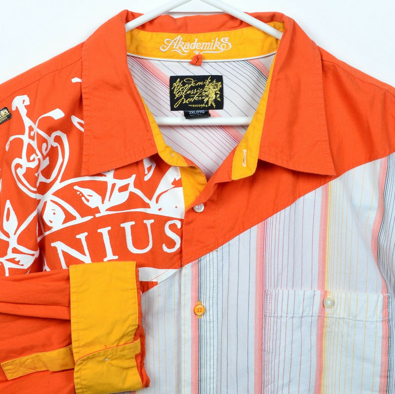 Akademiks Men's 2XL Orange Colorblock Striped 90s Hip Hop Streetwear Shirt