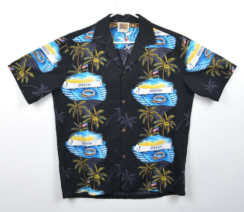 Vtg Pearl Harbor Men's Sz Large WWII Graphic Winnie Fashion Navy Hawaiian Shirt