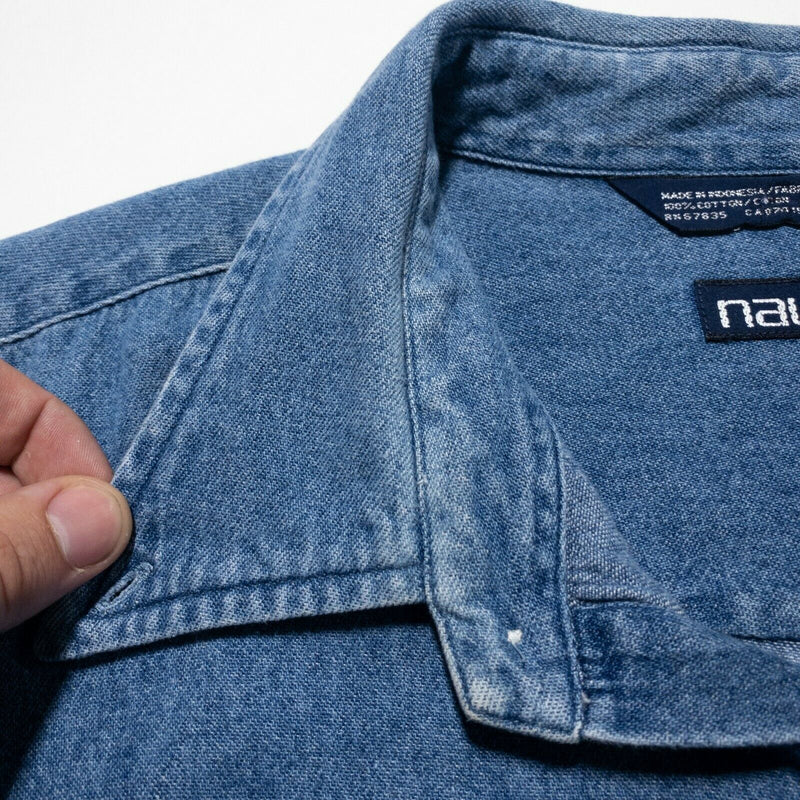 Vintage 90s Nautica Men's XL Denim Indigo Blue Sailboat Logo Button-Down Shirt