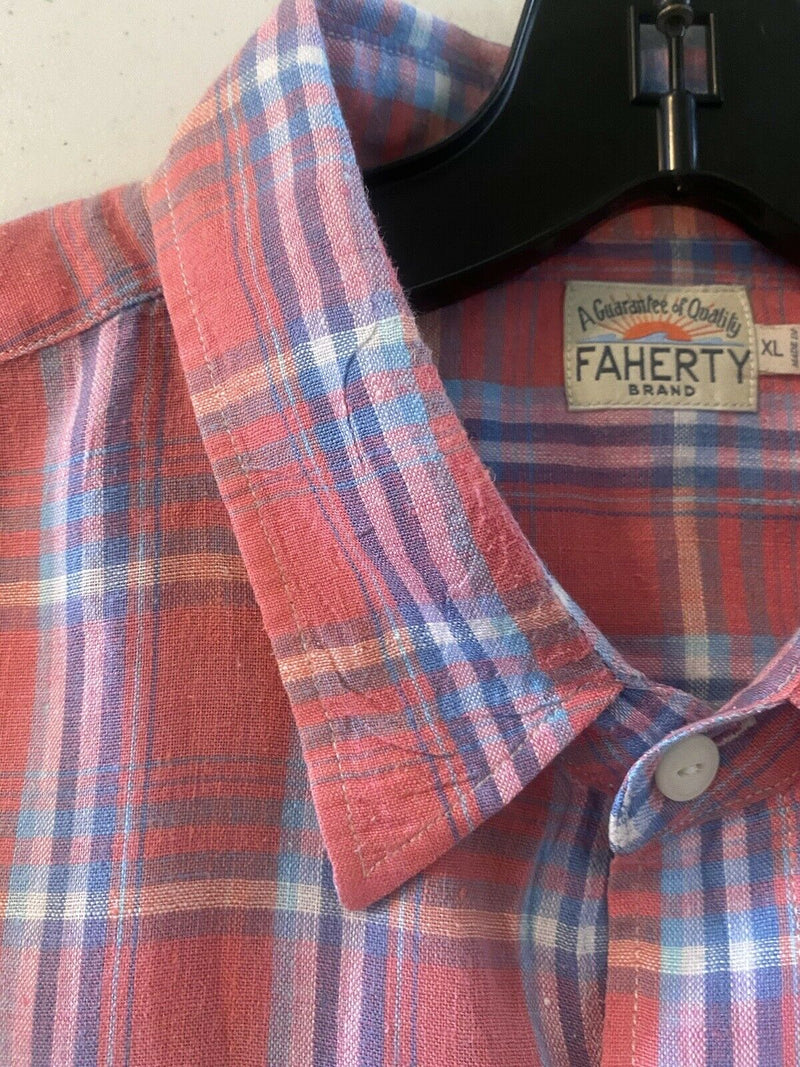 Faherty Men's XL 100% Linen Pink Blue Plaid Long Sleeve Button-Front Shirt