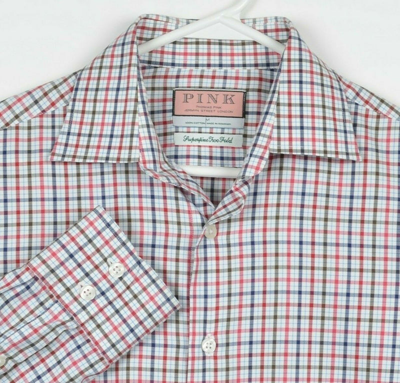 Thomas Pink Men's Medium Red White Graph Check Plaid Button-Front Dress Shirt