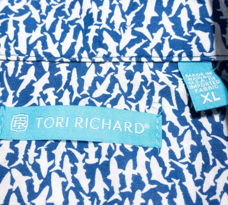 Tori Richard Hawaiian Shirt XL Men's Cotton Lawn Sharks Pattern Blue Aloha Camp