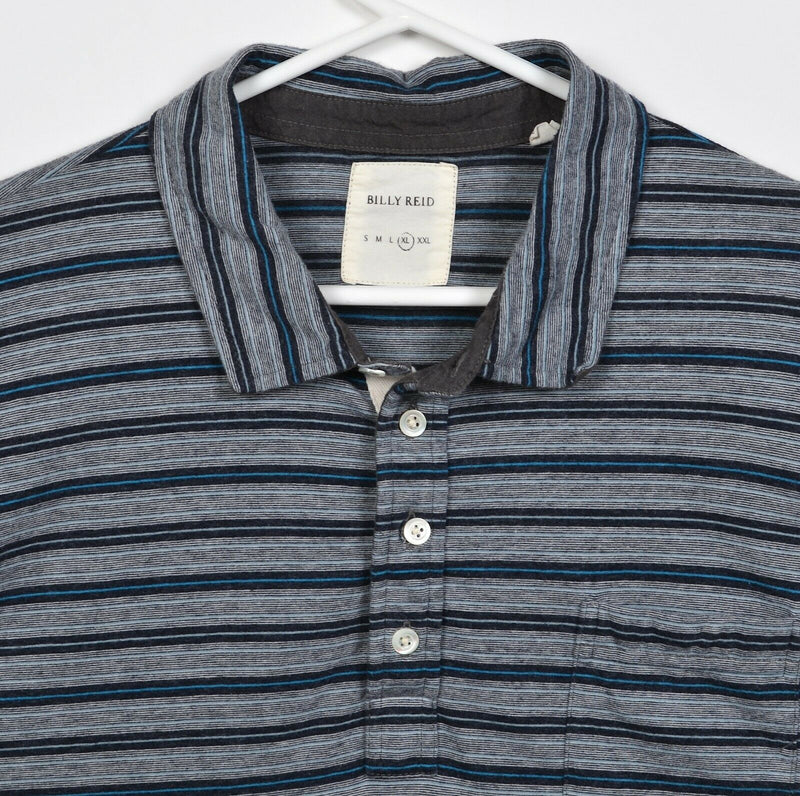 Billy Reid Men's XL Gray Blue Striped Cotton Polyester Blend Pocket Polo Shirt