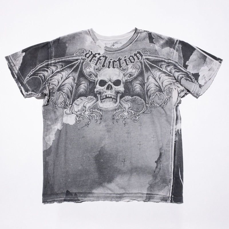 Affliction T-Shirt Men's 2XL Skull Wings Crossbones Gray Distressed Vintage Y2K