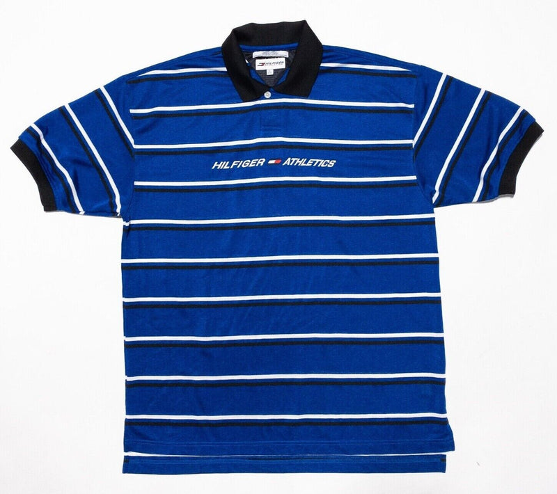 Tommy Hilfiger Athletics Polo Shirt Large Mens Spell Out Vintage 90s Blue Stripe