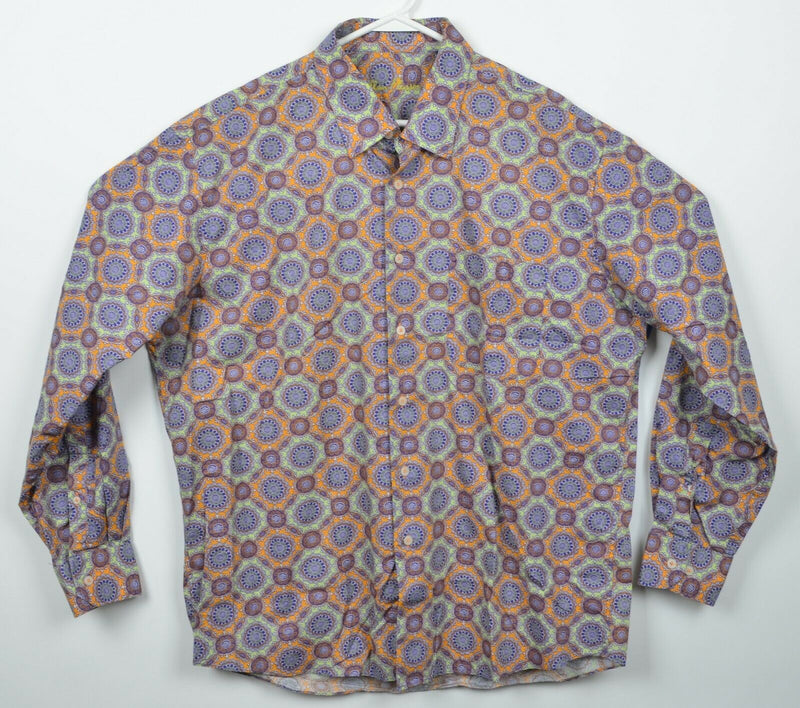 Alan Flusser Men's XL Geometric Kaleidoscope Orange Blue Button-Front Shirt