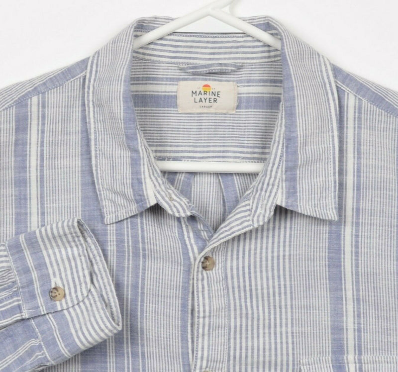 Marine Layer Men's Larger Blue Striped Long Sleeve Half Button-Front Shirt