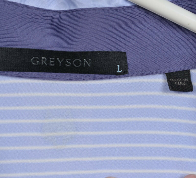 Greyson Men's Large Purple/Blue Striped Spread Collar Wicking Golf Polo Shirt