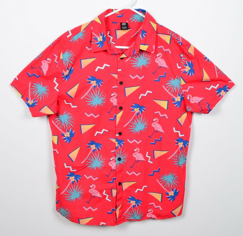 Neff Men's Large Red Flamingo Geometric Memphis Design Button-Front Shirt