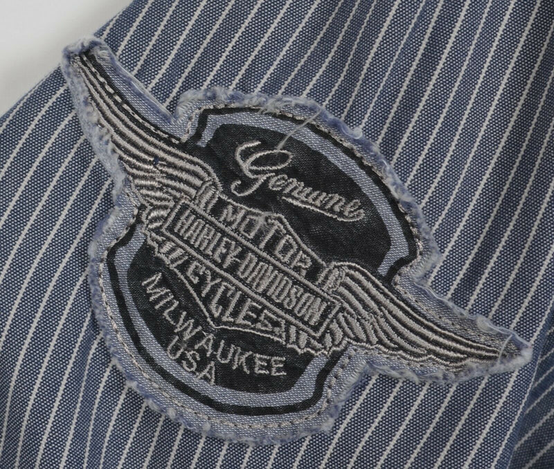 Harley-Davidson Men's XL Blue Pinstripe HDMC Patches Garage Mechanic Biker Shirt