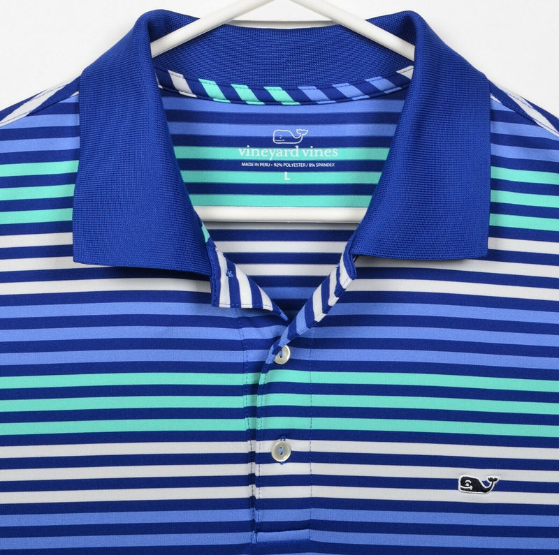 Vineyard Vines Performance Men's Large Blue Striped Whale Wicking Golf Polo