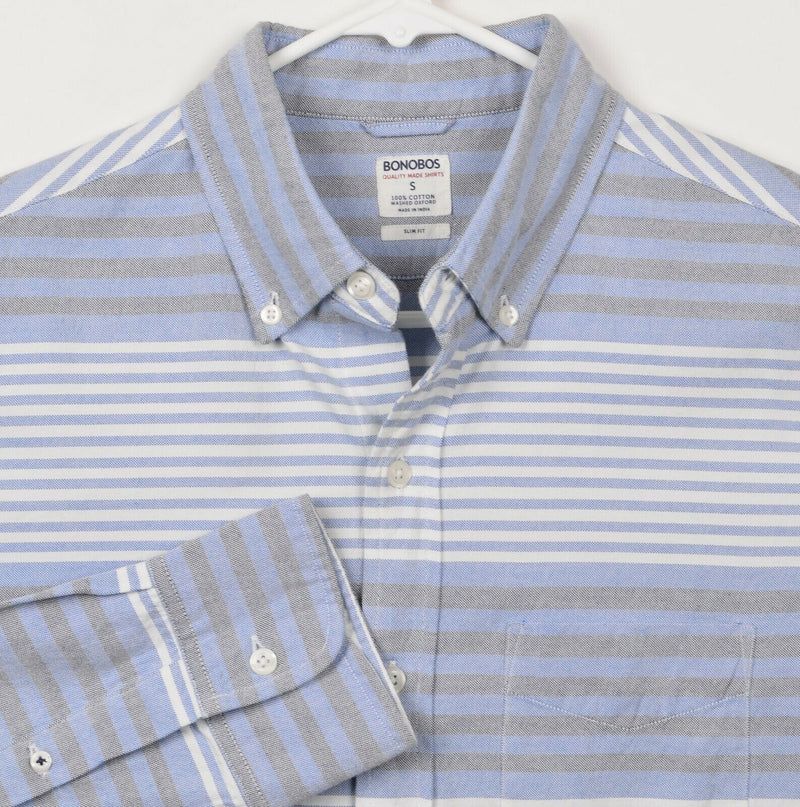 Bonobos Men's Sz Small Washed Oxford Blue Gray White Colorblock Striped Shirt