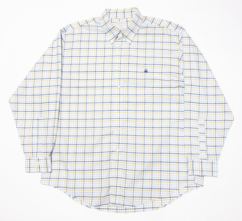 Brooks Brothers XL Shirt Men's Yellow Blue Check Button-Down Non-Iron Logo