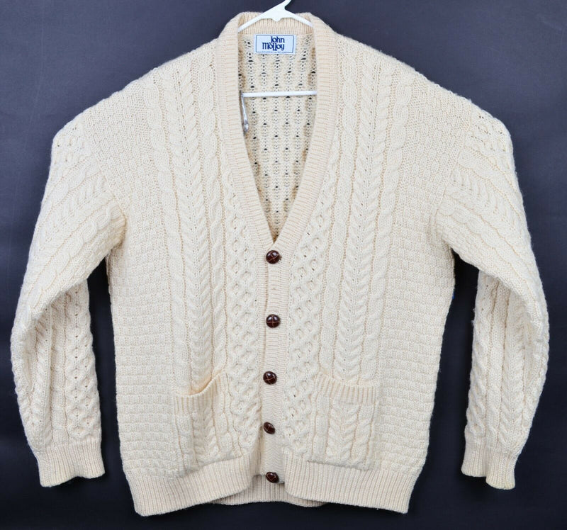 Vintage John Molloy Men's XL? Irish Fisherman Cream Cable-Knit Cardigan Sweater