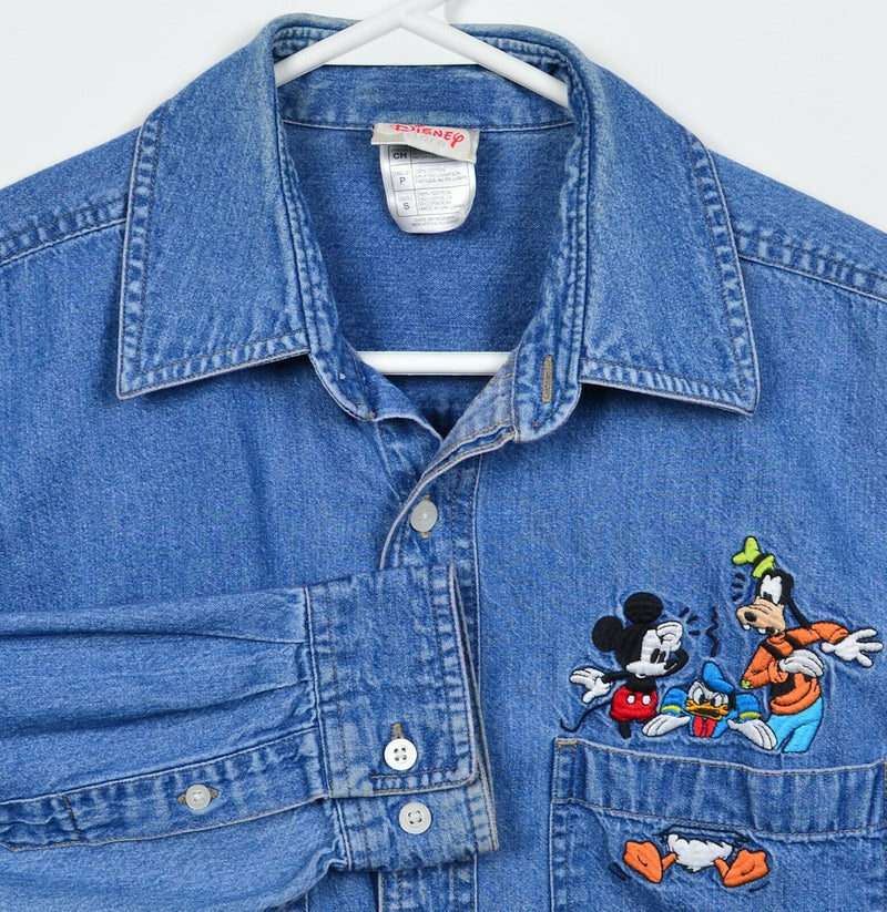 Disney Store Men's Small Denim Embroidered Mickey Goofy Button-Front Shirt