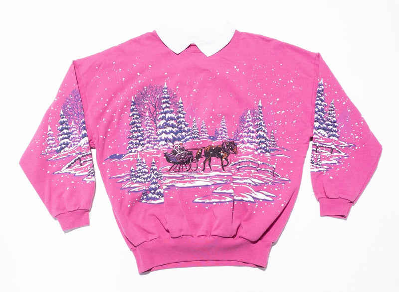 Vintage Winter Sweatshirt Adult Fits XL All Over AOP Lifestyles Puffy Print Pink